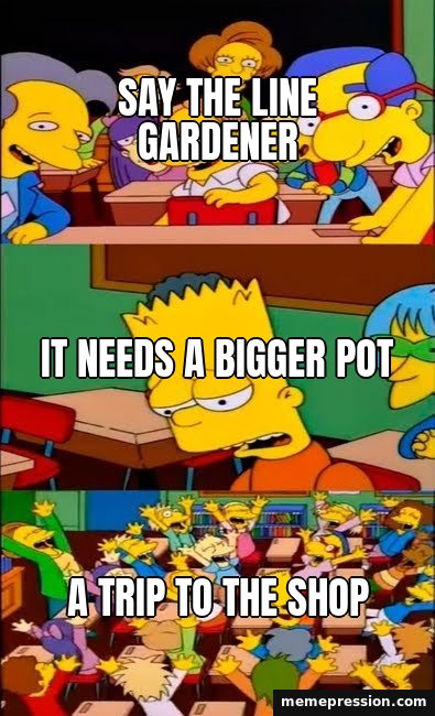 Say the Line Bart meme: Say the line gardener / It needs a bigger pot / A trip to the shop