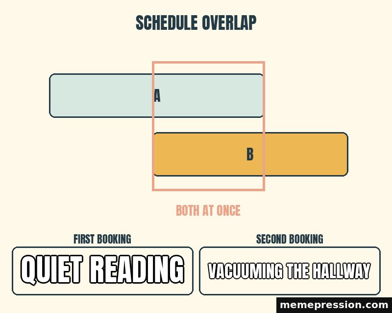 Schedule Collision meme: Quiet reading / Vacuuming the hallway