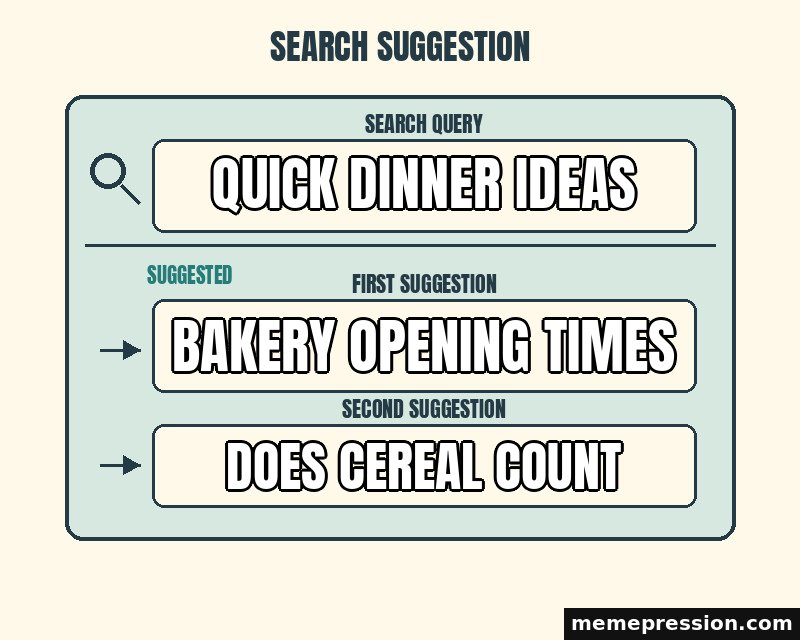Search Suggestions meme: Quick dinner ideas / Bakery opening times / Does cereal count
