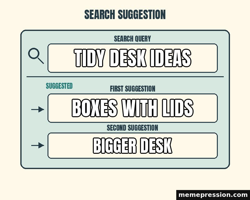 Search Suggestions meme: Tidy desk ideas / Boxes with lids / Bigger desk