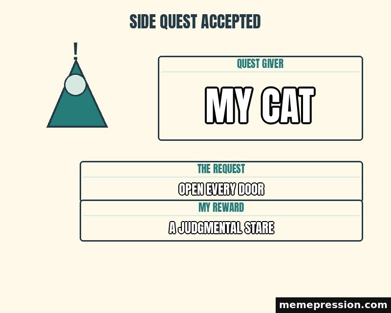 Side Quest Accepted meme: My cat / Open every door / A judgmental stare