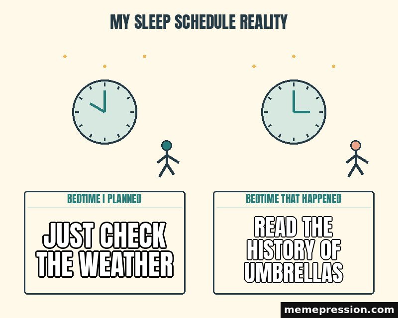 My Sleep Schedule Reality meme: Just check the weather / Read the history of umbrellas