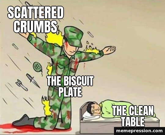 Soldier Protecting Sleeping Child meme: Scattered crumbs / The biscuit plate / The clean table