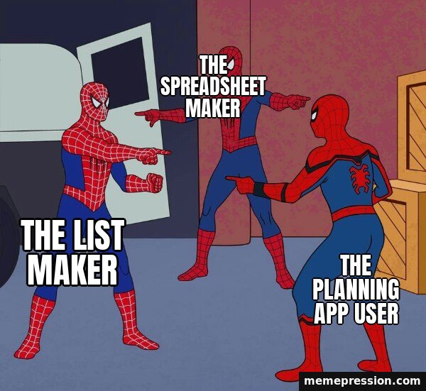 Spider-Man Triple meme: The list maker / The spreadsheet maker / The planning app user