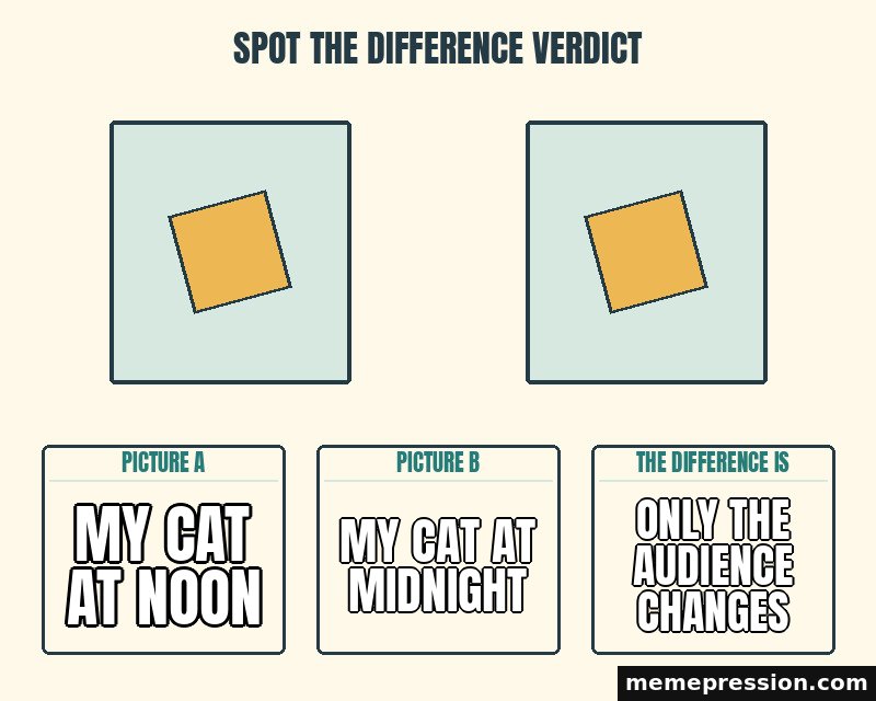 Spot the Difference Verdict meme: My cat at noon / My cat at midnight / Only the audience changes