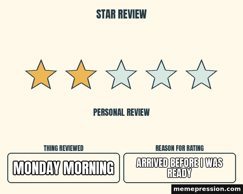 Two Star Review meme: Monday morning / Arrived before I was ready