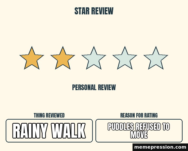 Two Star Review meme: Rainy walk / Puddles refused to move