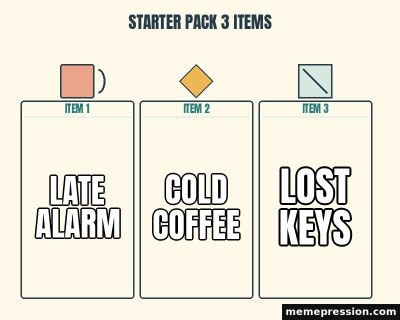 Starter Pack 3 Items meme: Late alarm / Cold coffee / Lost keys