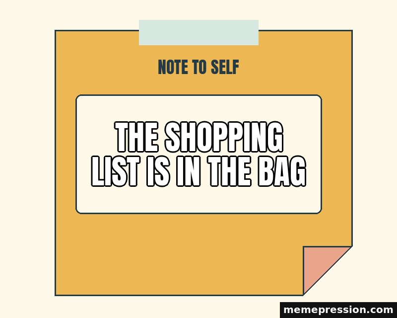 Note to Self meme: The shopping list is in the bag