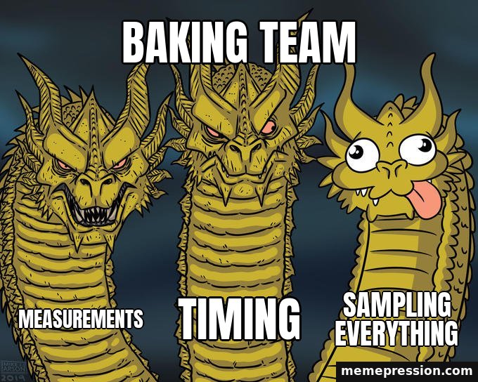 Three-Headed Dragon meme: Baking team / Measurements / Timing / Sampling everything