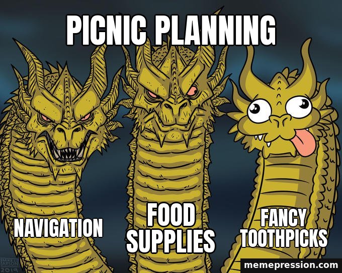Three-Headed Dragon meme: Picnic planning / Navigation / Food supplies / Fancy toothpicks
