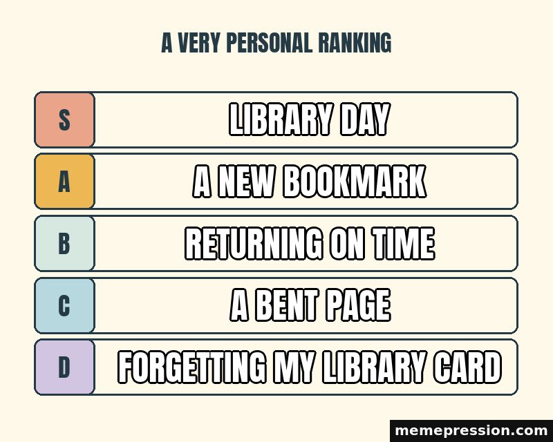 Tier List meme: Library day / A new bookmark / Returning on time / A bent page / Forgetting my library card