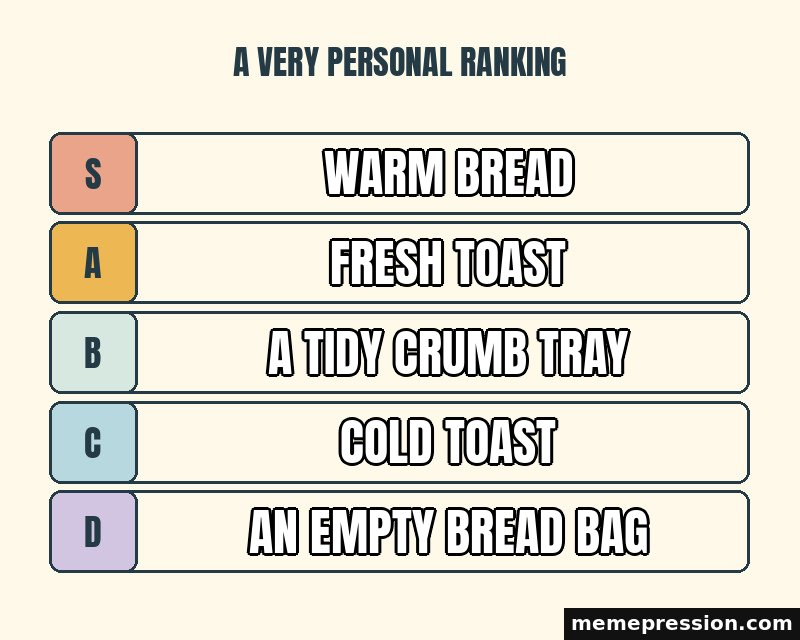 Tier List meme: Warm bread / Fresh toast / A tidy crumb tray / Cold toast / An empty bread bag