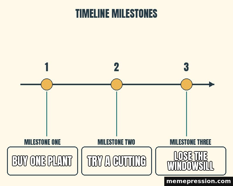 Three Milestones meme: Buy one plant / Try a cutting / Lose the windowsill