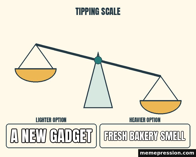 Tipping Scales meme: A new gadget / Fresh bakery smell