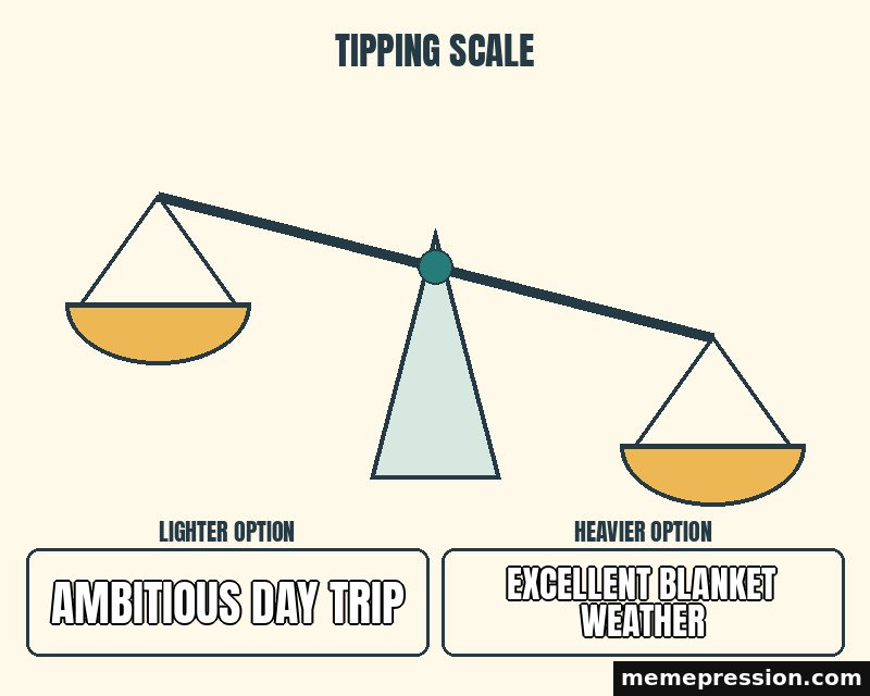 Tipping Scales meme: Ambitious day trip / Excellent blanket weather