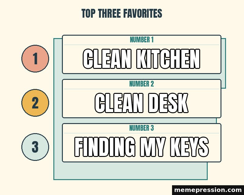 Top Three Favorites meme: Clean kitchen / Clean desk / Finding my keys