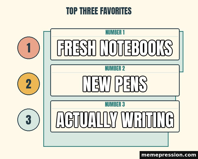 Top Three Favorites meme: Fresh notebooks / New pens / Actually writing