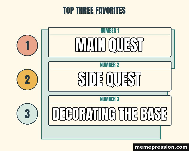 Top Three Favorites meme: Main quest / Side quest / Decorating the base