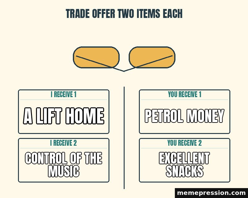 Trade Offer Two Items Each meme: A lift home / Control of the music / Petrol money / Excellent snacks