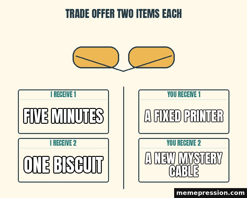 Trade Offer Two Items Each meme: Five minutes / One biscuit / A fixed printer / A new mystery cable