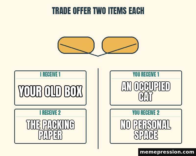 Trade Offer Two Items Each meme: Your old box / The packing paper / An occupied cat / No personal space