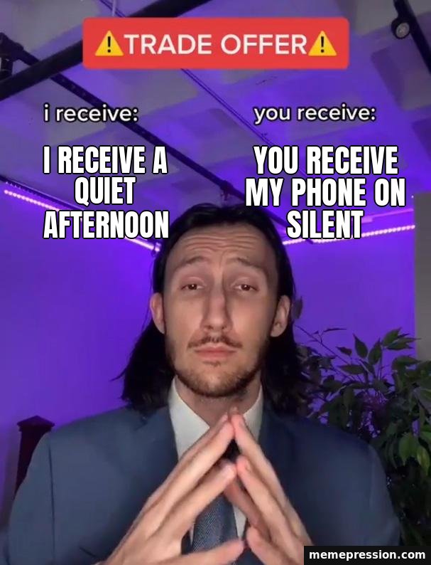 Trade Offer meme: I receive a quiet afternoon / You receive my phone on silent