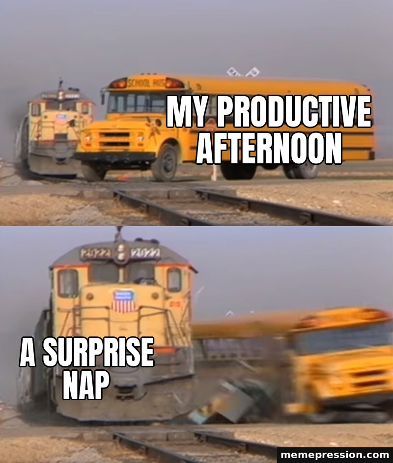 Train Hitting a School Bus meme: A surprise nap / My productive afternoon