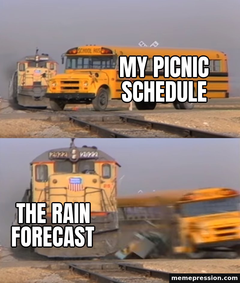 Train Hitting a School Bus meme: The rain forecast / My picnic schedule