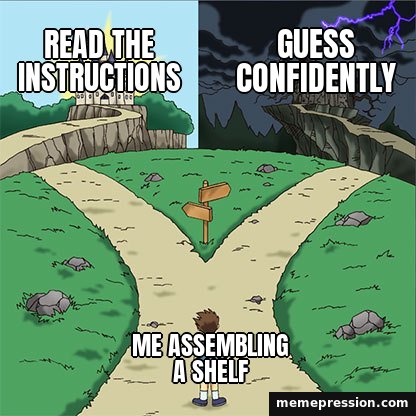 Two Paths meme: Read the instructions / Guess confidently / Me assembling a shelf