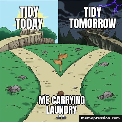 Two Paths meme: Tidy today / Tidy tomorrow / Me carrying laundry
