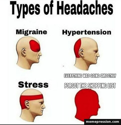 Types of Headaches meme: Everything was going smoothly / Forgot the shopping list