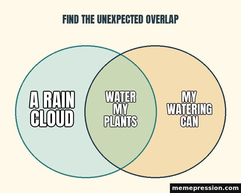 Venn Diagram meme: A rain cloud / Water my plants / My watering can