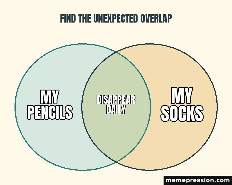Venn Diagram meme: My pencils / Disappear daily / My socks