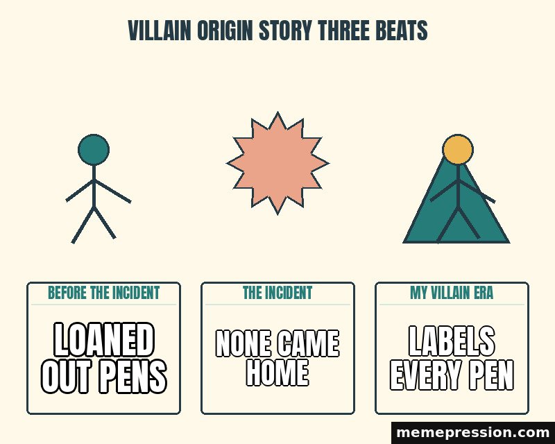 Villain Origin Story Three Beats meme: Loaned out pens / None came home / Labels every pen