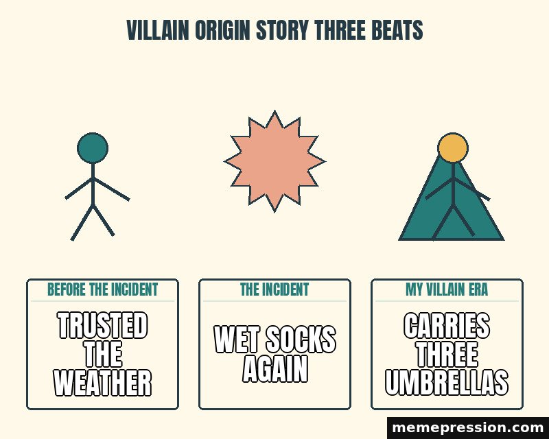 Villain Origin Story Three Beats meme: Trusted the weather / Wet socks again / Carries three umbrellas