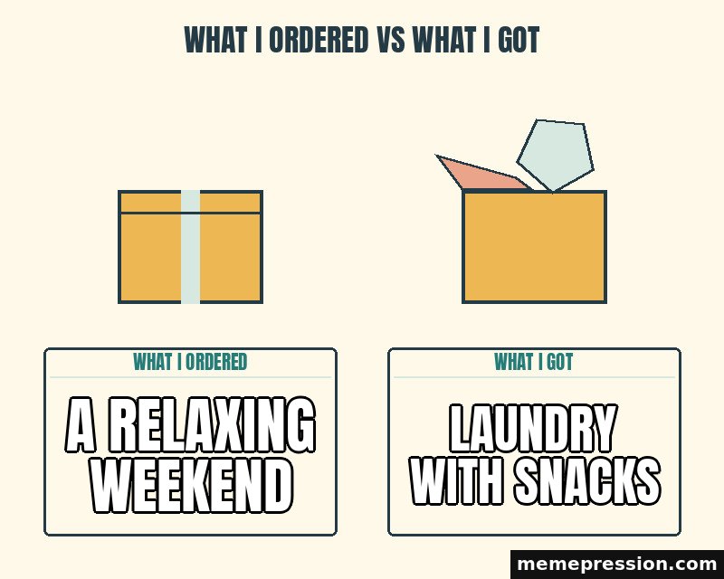 What I Ordered vs What I Got meme: A relaxing weekend / Laundry with snacks