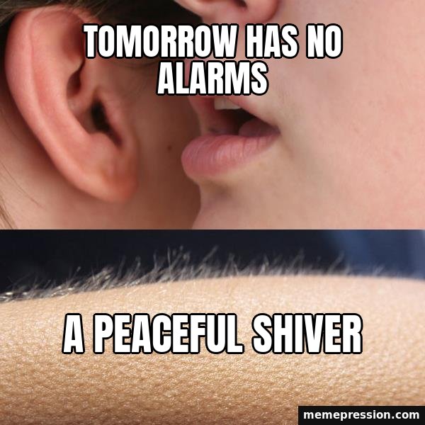 Whisper and Goosebumps meme: Tomorrow has no alarms / A peaceful shiver