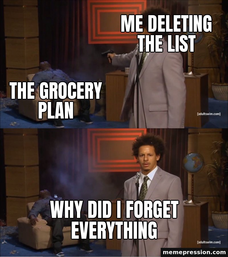 Who Killed Hannibal meme: Me deleting the list / The grocery plan / Why did I forget everything