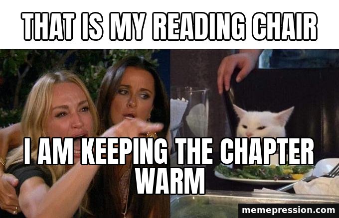 Woman Yelling at a Cat meme: That is my reading chair / I am keeping the chapter warm
