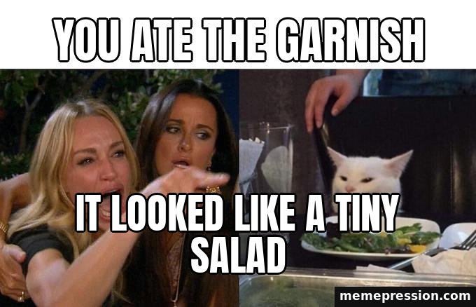 Woman Yelling at a Cat meme: You ate the garnish / It looked like a tiny salad